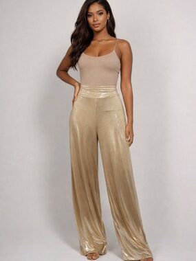 AKIRA Champagne Metallic Wide-Leg Pants ✨ High Waist Palazzo – XL NWT